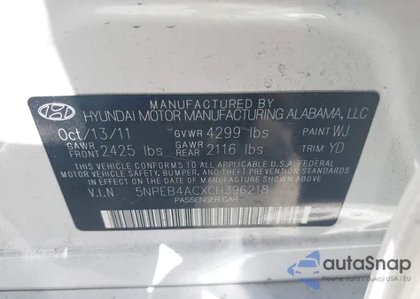 2012 Hyundai Sonata Gls z USA, uszkodzony, nr VIN 5NPEB4ACXCH396218
